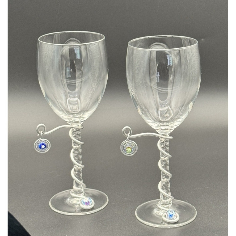 Vintage Twisted Stem Wine Goblets Set 2 Wire Wrapped Millefiori Glass Charms